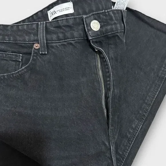 Zara Black High Waisted Hi Rise Raw Hem Straight Leg Casual Denim Jeans Pants - Picture 6 of 6